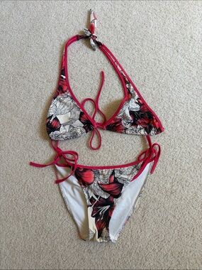 Diesel Y2K Floral Red & Black Halter Drawstring Bikini Set